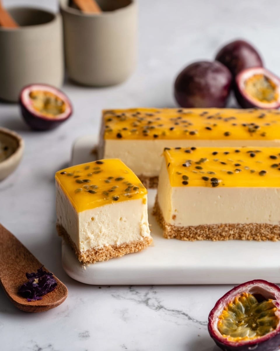 The image shows a sliced rectangular cheesecake on a white plate, placed on a white marbled surface. The cheesecake has three layers: a thick golden brown crumb crust at the bottom, a thick creamy beige middle layer, and a bright yellow passion fruit jelly top layer with black seeds scattered inside. One slice is slightly pulled out to reveal the smooth texture of the cream layer and the neat layers above and below. Around the plate, halved and whole passion fruits with deep purple skin and bright yellow flesh are placed casually, adding a vibrant touch. In the background, there are neutral-toned ceramic containers with a wooden spoon. Photo taken with an iphone --ar 4:5 --v 7