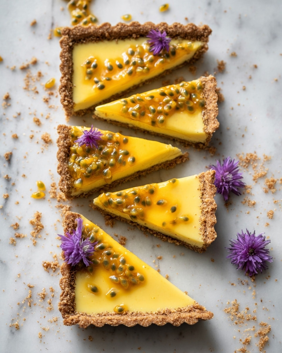 A rectangular tart with a thick, crumbly light brown crust holds a bright yellow filling with a smooth, creamy texture. On top, scattered orange passion fruit seeds add small pops of color. The tart is sliced into five triangular pieces arranged in a neat line, with the first slice slightly tilted forward. There are a few purple edible flowers placed delicately on the tart and around it on the white marbled surface. Some crumbs and extra passion fruit seeds are scattered lightly on the surface around the tart. photo taken with an iphone --ar 4:5 --v 7