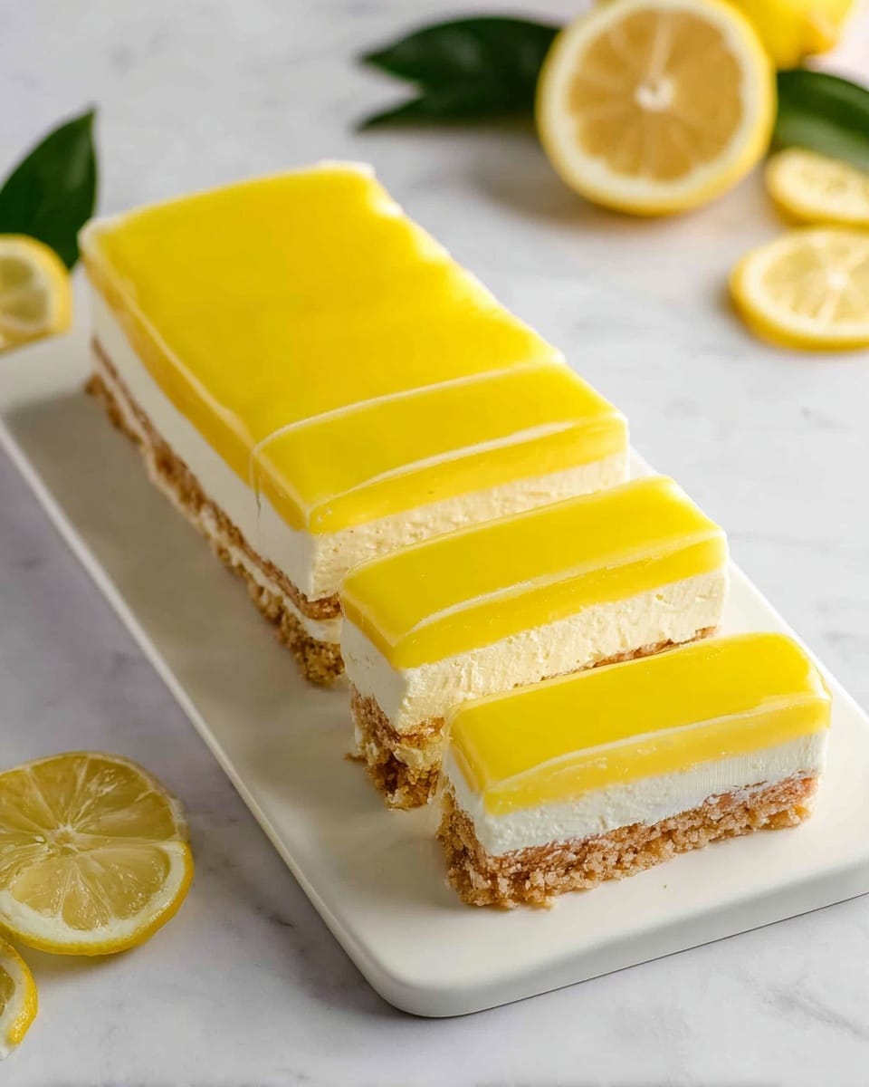 The image shows a rectangular lemon dessert on a white rectangular plate, placed on a white marbled surface. The dessert has three visible layers: the bottom layer is a light brown crust with a crumbly texture, the middle layer is thick, white, and creamy, and the top layer is smooth and bright yellow lemon glaze. The lemon glaze looks shiny and evenly spread, covering the entire top of the dessert. In the background, there are fresh lemon halves and green leaves adding a fresh look. Photo taken with an iphone --ar 4:5 --v 7