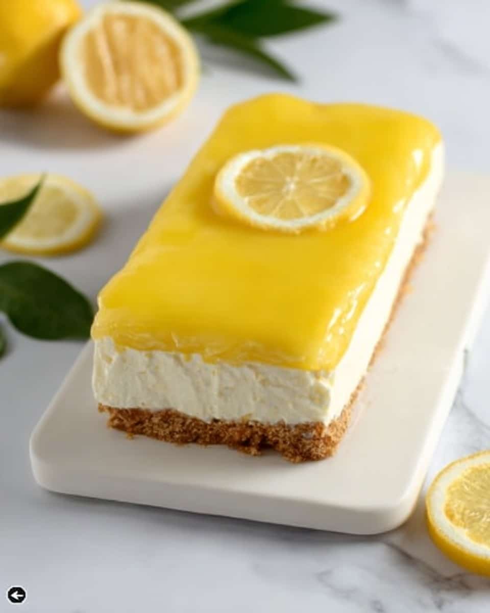 A rectangular sliced dessert sits on a white rectangular plate placed on a white marbled surface. The dessert has three visible layers: the bottom layer is a bright yellow smooth jelly-like layer, the middle layer is a thick, creamy off-white layer with a textured, crumbly light brown line in the middle, and the top layer mirrors the bottom with a glossy bright yellow smooth jelly-like finish. The dessert is sliced evenly into several rectangular pieces, showcasing the clean layers. Around the plate, small lemon slices and green leaves add a fresh touch to the scene. Photo taken with an iphone --ar 4:5 --v 7