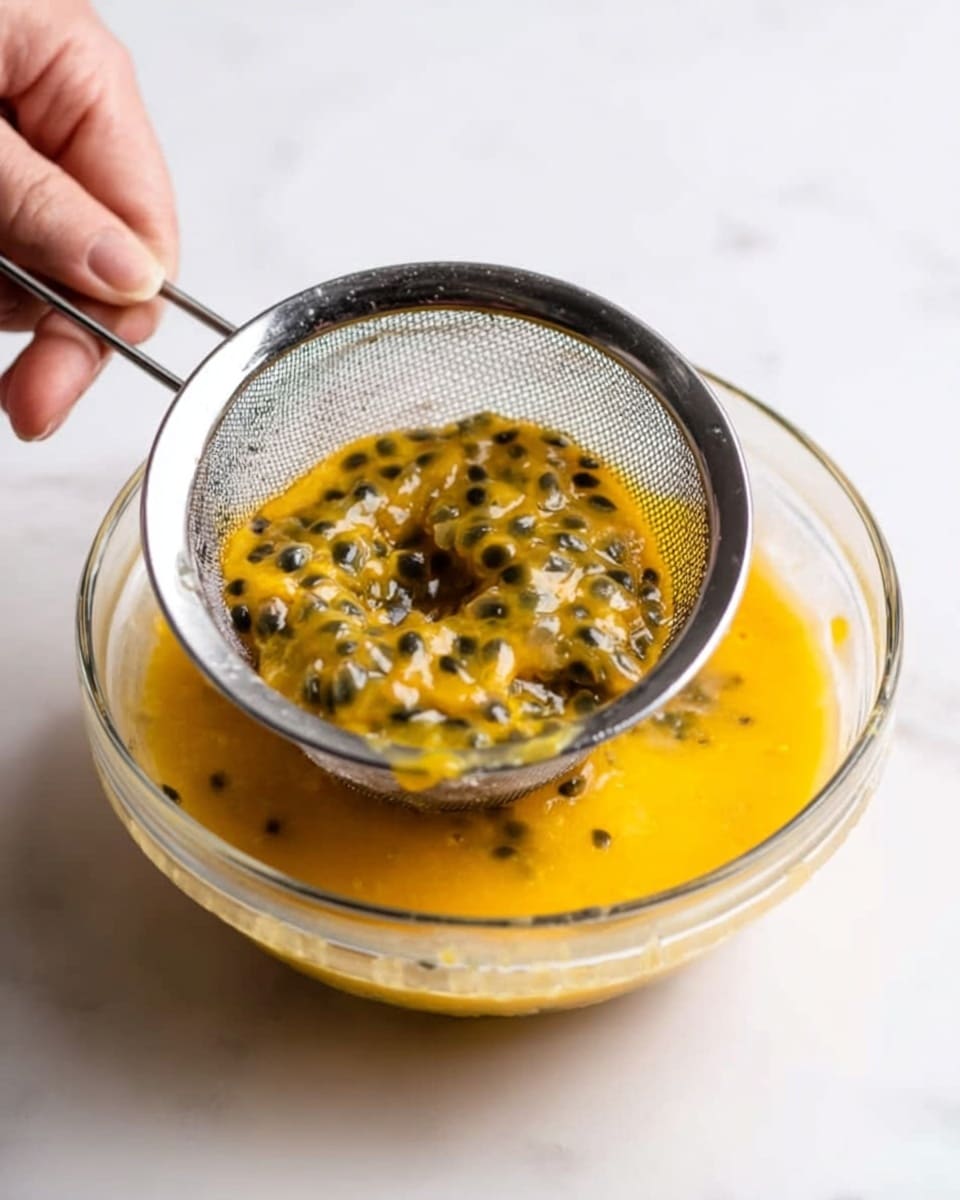 The image shows a close-up of a spoon pressing bright orange-yellow passion fruit pulp with many small black seeds through a fine metal sieve. The sieve is held over a clear glass bowl, which collects the smooth, yellow-orange juice below. A woman's hand holds the edge of the sieve, steadying it. The background features a white marbled surface. photo taken with an iphone --ar 4:5 --v 7