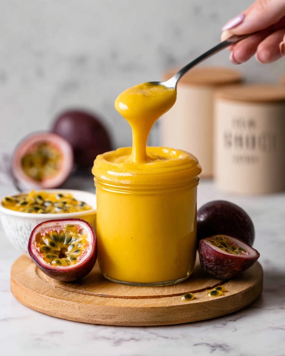 The image shows a jar filled with smooth, bright yellow passion fruit curd, placed on a round wooden board set on a white marbled surface. A woman's hand holds a spoon lifting thick, creamy curd from the jar, showing its dense and shiny texture flowing slowly. Around the jar are fresh passion fruits, some cut open revealing their juicy, orange pulp with black seeds inside, while others are whole with a deep purple smooth skin. A small white bowl with more curd and visible passion fruit seeds is partly visible at the front left, adding layers of yellow and black seed spots to the scene. In the blurry background, there are neutral-toned containers, enhancing the focus on the vibrant curd and fruit. photo taken with an iphone --ar 4:5 --v 7