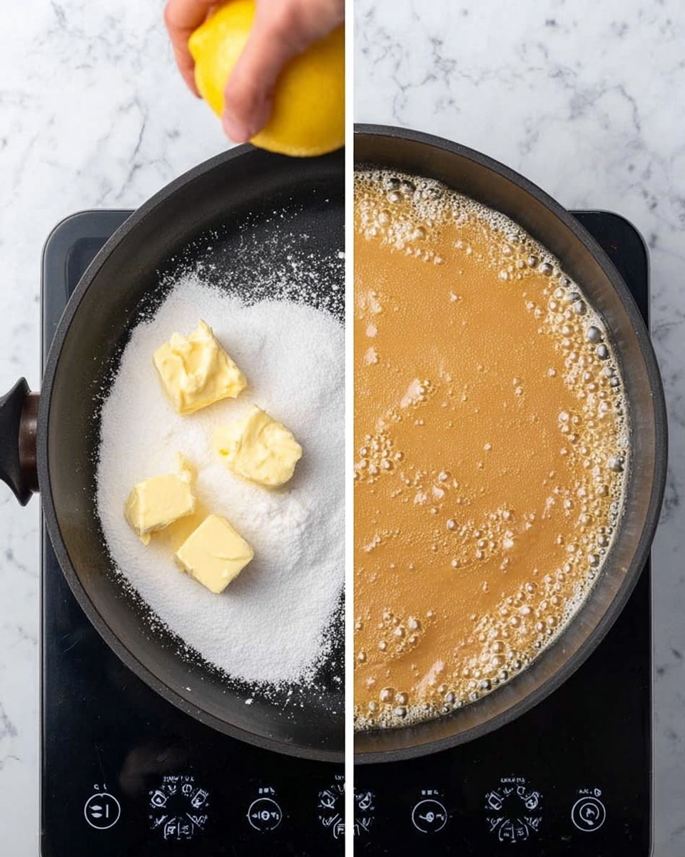The image shows a side-by-side view of a black pan on a white marbled surface. On the left side, a woman's hand is holding a lemon above the pan, which contains a layer of white sugar and two chunks of soft yellow butter. On the right side, the pan has a bubbling, light brown caramel mixture with a glossy, smooth texture covering its bottom. The black pan contrasts with the white marbled surface beneath it, and digital stove controls with small lights and numbers are visible below the pan. photo taken with an iphone --ar 4:5 --v 7