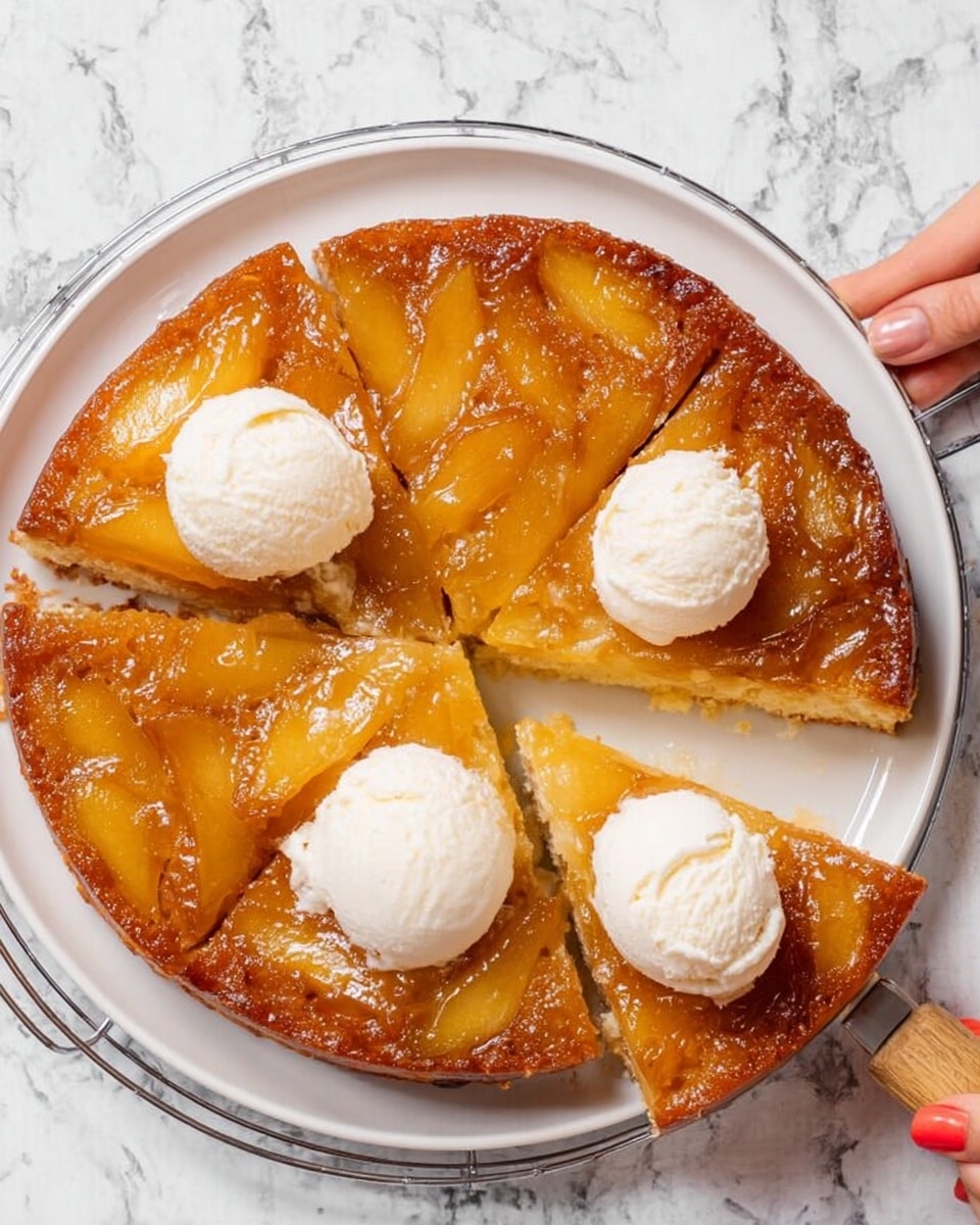 The image shows a round upside-down cake with four slices on a white plate placed on a silver cooling rack. The cake has a shiny, golden-brown caramelized top layer with visible slices of fruit, likely apples or pears, creating a textured, glossy surface. Beneath this layer is a soft, light yellow cake base. Two of the slices each have a round scoop of melting white ice cream on top, adding a creamy, smooth contrast to the shiny caramel. A woman's hand with a wooden handle is holding the silver cooling rack on the right side. The background is a white marbled texture. photo taken with an iphone --ar 4:5 --v 7
