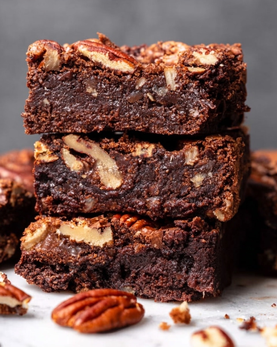 A close-up image of three thick brownies stacked on each other with a rough chocolate texture inside, topped with a layer of whole pecans in rich brown color. The brownies have a slightly cracked surface, showing their dense and fudgy middle in dark brown. Some pecan halves and small bits are scattered around the brownies. The background is a white marbled texture. Photo taken with an iphone --ar 4:5 --v 7