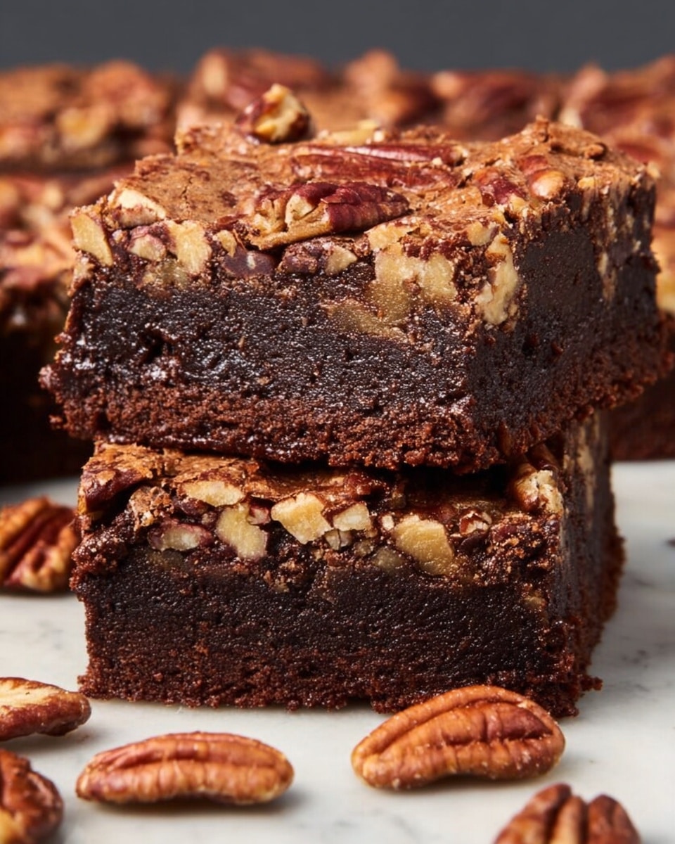 A close-up view of two thick, square brownies stacked on top of each other, each showing two layers: a dense, dark brown chocolate base with a moist texture and a lighter brown top layer covered with whole pecans scattered unevenly. The surface underneath is a white marble texture, and additional pecans are spread around the brownies, adding a rustic look. The brownies have a rich and slightly rough texture, highlighting the contrast between the smooth chocolate and the crunchy nuts. Photo taken with an iphone --ar 4:5 --v 7
