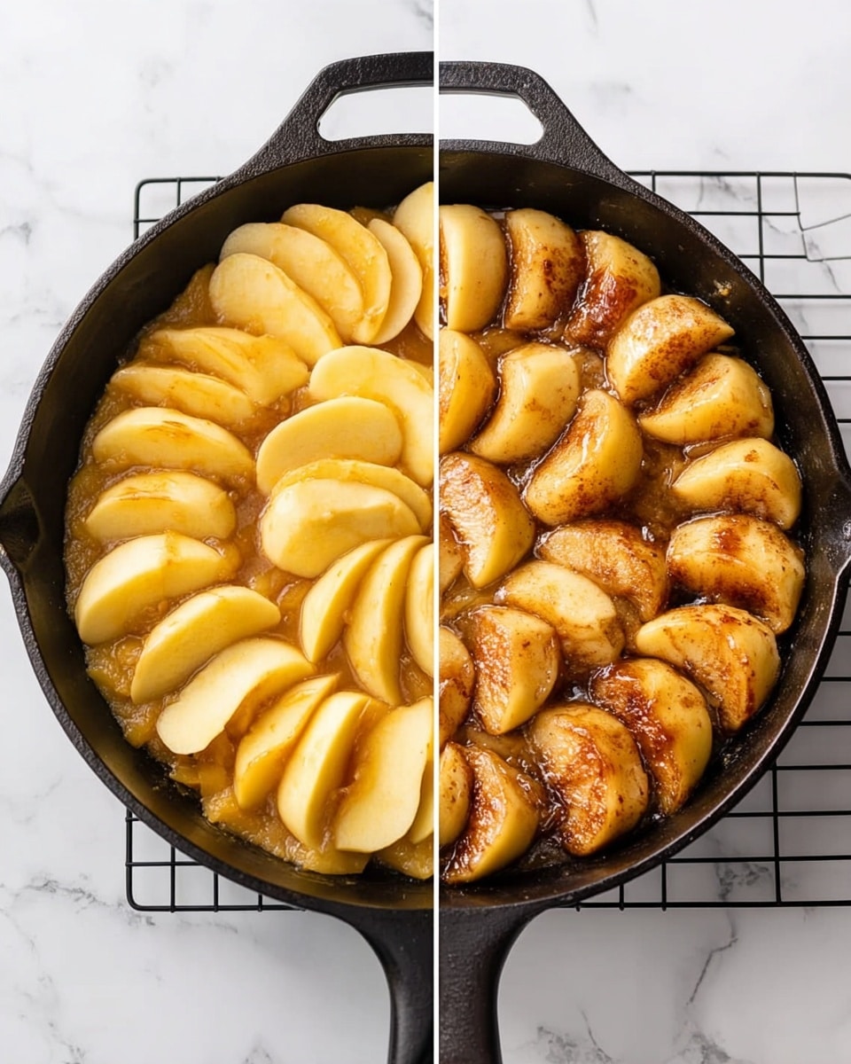 The image shows two side-by-side black cast iron pans on a white marbled surface with a black grid underneath. The left pan has two layers: the bottom layer is a golden caramel sauce, and the top layer is arranged peeled and sliced light yellow apples with their smooth, soft texture facing up, neatly placed side by side covering the sauce. The right pan shows the same apples now cooked, with a single layer across the pan, their color changed to golden brown with caramelized spots and a slightly wrinkled texture. photo taken with an iphone --ar 4:5 --v 7