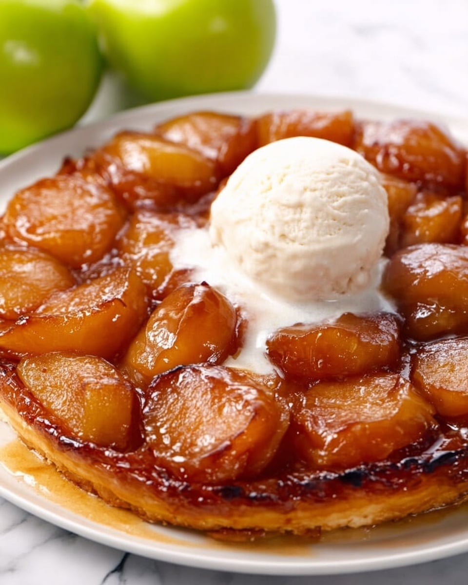 The image shows a round tarte tatin served on a white plate, placed on a white marbled surface. The tart has one main layer of caramelized golden-brown apple halves tightly packed in a circular shape, each apple piece showing a glossy, syrupy texture. On top, in the center, there is a single scoop of smooth, white ice cream with a slightly melting edge. The tart crust is thin and golden, visible around the edge with some slight browning. A couple of green apples are blurred in the background. Photo taken with an iphone --ar 4:5 --v 7
