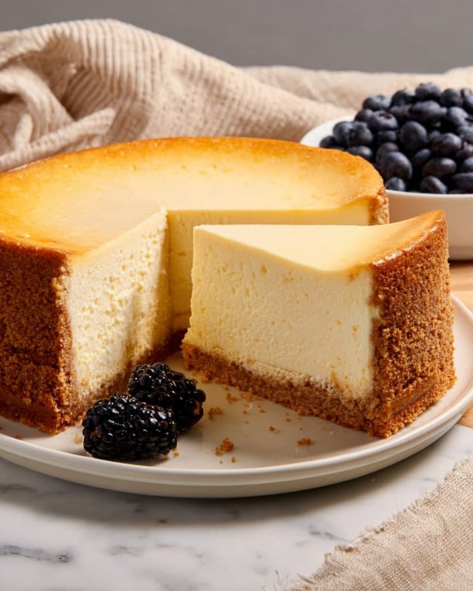 A thick cheesecake sits on a white plate, showing one large slice removed. The cheesecake has two layers: a smooth, pale yellow creamy top layer and a thick, crumbly golden-brown crust that goes all around the sides and bottom. Blackberries are placed near the bottom left of the plate. In the background on a white marbled surface, there is a small white bowl filled with fresh blueberries next to a light beige cloth. The lighting is soft, highlighting the creamy texture of the cheesecake photo taken with an iphone --ar 4:5 --v 7