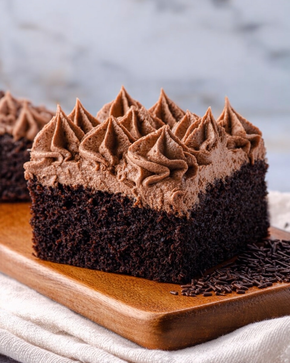 A thick, square slice of chocolate cake with one visible layer of dark, moist cake topped by a thick layer of swirled, light brown chocolate frosting with a smooth yet slightly textured look. The frosting is decorated with small swirled peaks evenly spaced on top, along with some thin chocolate sprinkles on one side. The cake sits on a wooden board with a soft white cloth and a white marbled surface in the background. photo taken with an iphone --ar 4:5 --v 7