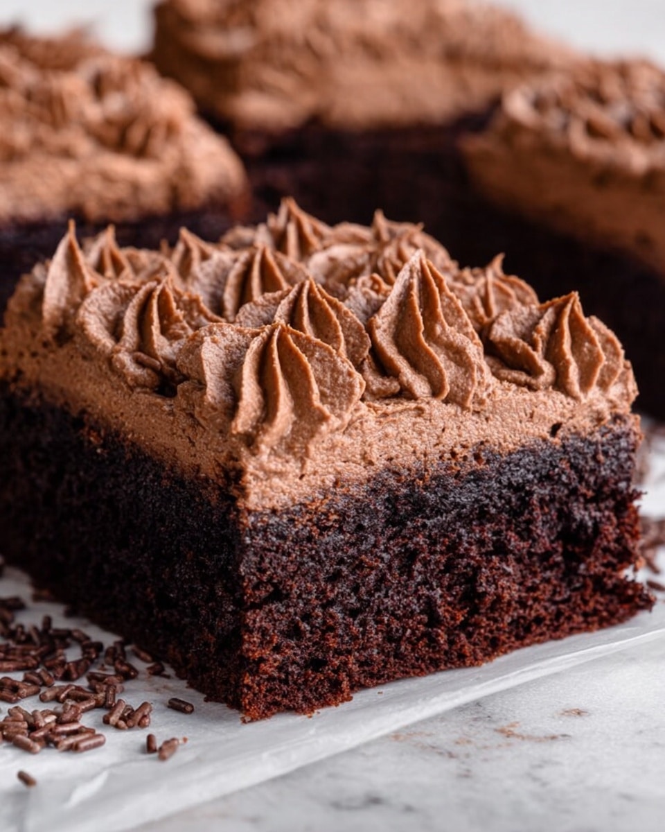 A close-up view of a single square piece of chocolate cake placed on white parchment paper over a white marbled surface. The cake has two layers: the bottom layer is a thick, dark brown moist chocolate sponge with a slightly crumbly texture; the top layer is a thick, light brown chocolate frosting with smooth, piped peaks covering the entire surface. Around the cake, scattered chocolate sprinkles add detail to the image. Other pieces of the same cake are blurred in the background. Photo taken with an iphone --ar 4:5 --v 7