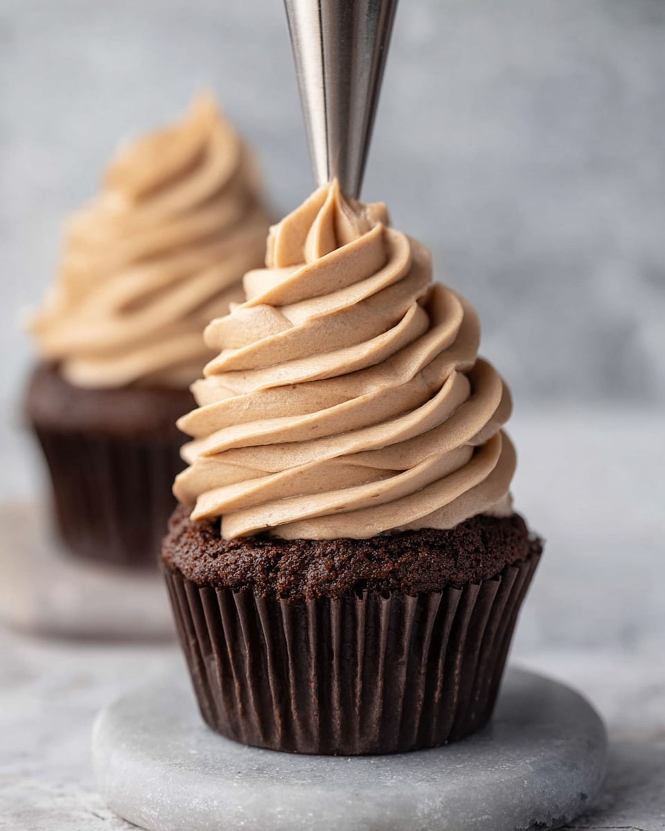 The image shows two chocolate cupcakes with thick, creamy light brown frosting swirled on top in three tall layers that create a smooth, spiral texture. The cupcake at the front is in focus on a small round grey surface, with the piping nozzle positioned above adding the fifth swirl of frosting. The cupcake liners are dark brown and the background is simple with a soft blur of a second cupcake behind. The scene is set against a white marbled texture background. photo taken with an iphone --ar 4:5 --v 7