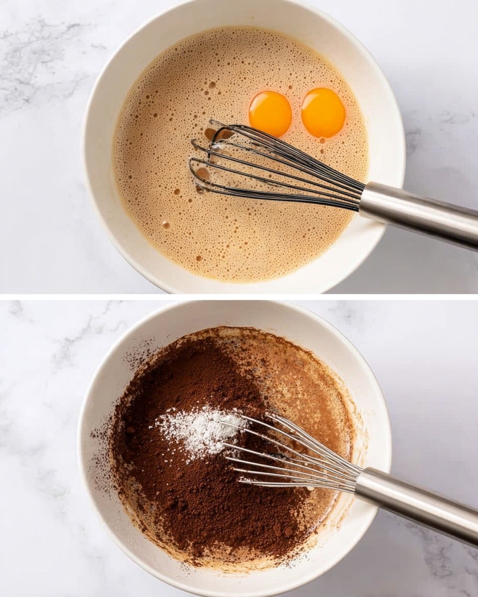 Two images show steps of mixing ingredients in a white bowl on a white marbled surface. The first image has a white bowl with a light beige foamy liquid, two orange egg yolks visible, and a black whisk stirring gently. The second image has the same white bowl with a darker light brown liquid base, topped with a layer of dry dark brown cocoa powder and white powder being whisked with a metal whisk. Photo taken with an iphone --ar 4:5 --v 7