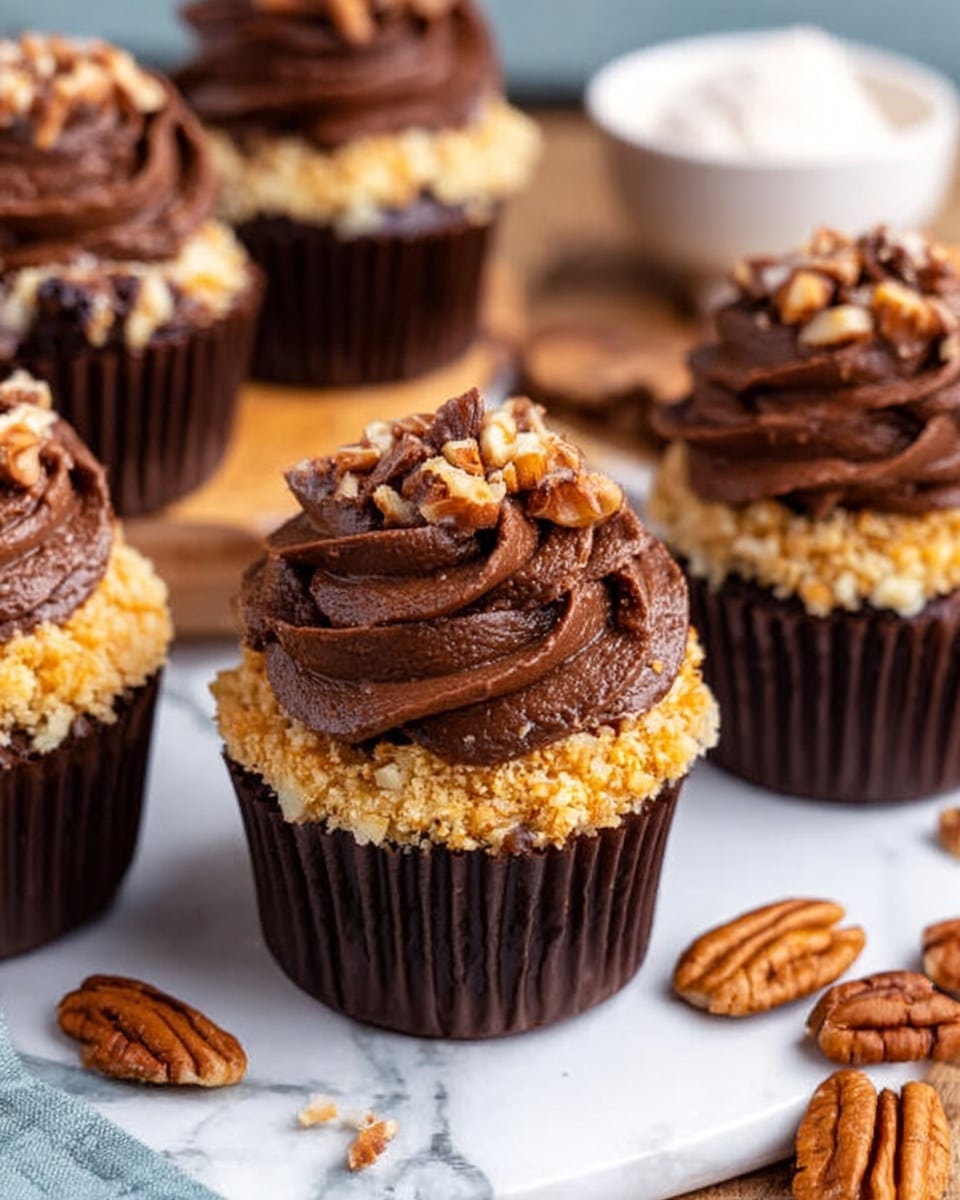 The image shows several chocolate cupcakes on a white marbled surface, each with three layers on top: the bottom layer is a light, crumbly nut topping with a golden color and small nut pieces, on top of that is a thick swirl of smooth, dark brown chocolate frosting, and the very top is sprinkled with chopped pecans. The cupcakes are in dark brown paper liners, and there are whole pecans scattered around on the surface. The background also includes a white bowl with a white powder inside, and part of a wooden board is visible. Photo taken with an iphone --ar 4:5 --v 7
