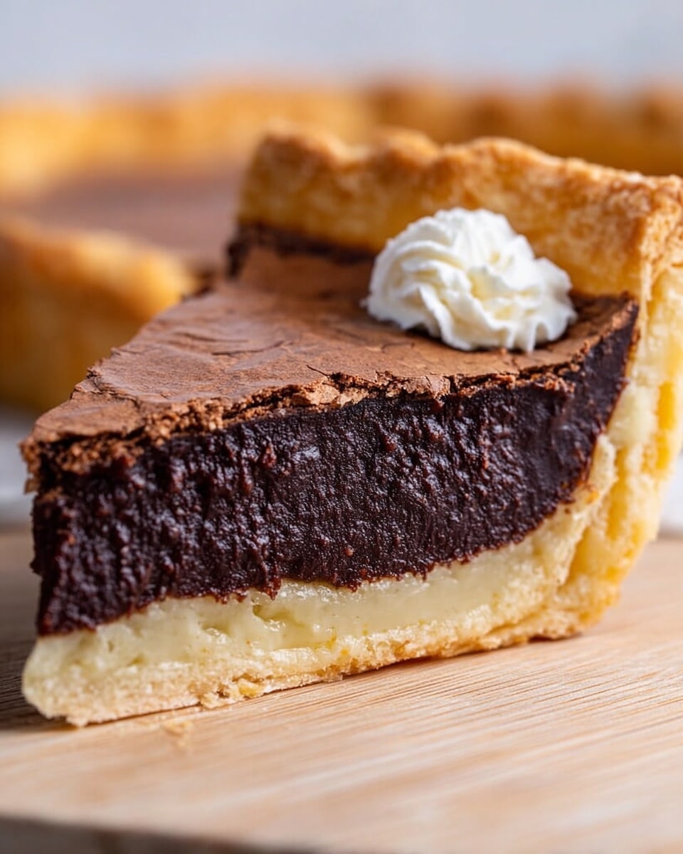 A close-up image of a pie slice showing three layers: the bottom layer is a thin, light golden crust with a flaky texture, the middle and thickest layer is dense and dark brown chocolate filling with a smooth yet slightly crumbly surface, and the top layer is a thin, cracked chocolate layer creating a matte finish. On the upper right corner of the slice, there is a small swirl of white cream. The pie slice is placed on a light wooden surface with a blurred background. Photo taken with an iphone --ar 4:5 --v 7