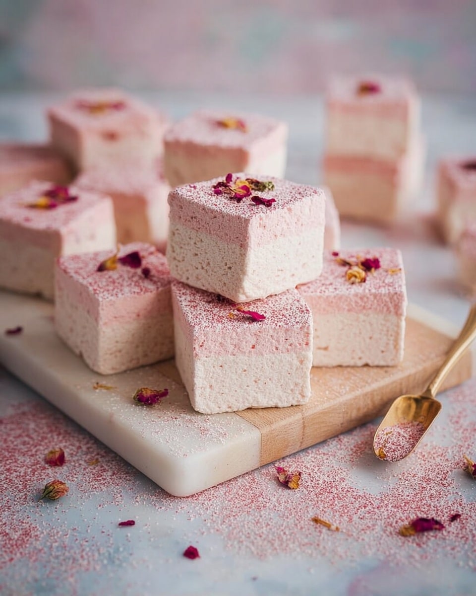 The image shows square marshmallows stacked in groups on a light wooden board placed on a white marbled surface. Each marshmallow has two layers: a thick bottom layer that is light beige with a soft, airy texture, and a thin top layer sprinkled with a fine pink powder that adds a delicate color contrast. On top of the pink layer, there are small dried flower petals scattered for decoration. Around the board, additional marshmallow squares are spread over the white marbled surface, sprinkled lightly with powdered sugar and pink dust. A small wooden scoop with a golden handle holds some of the pink powder nearby. photo taken with an iphone --ar 4:5 --v 7