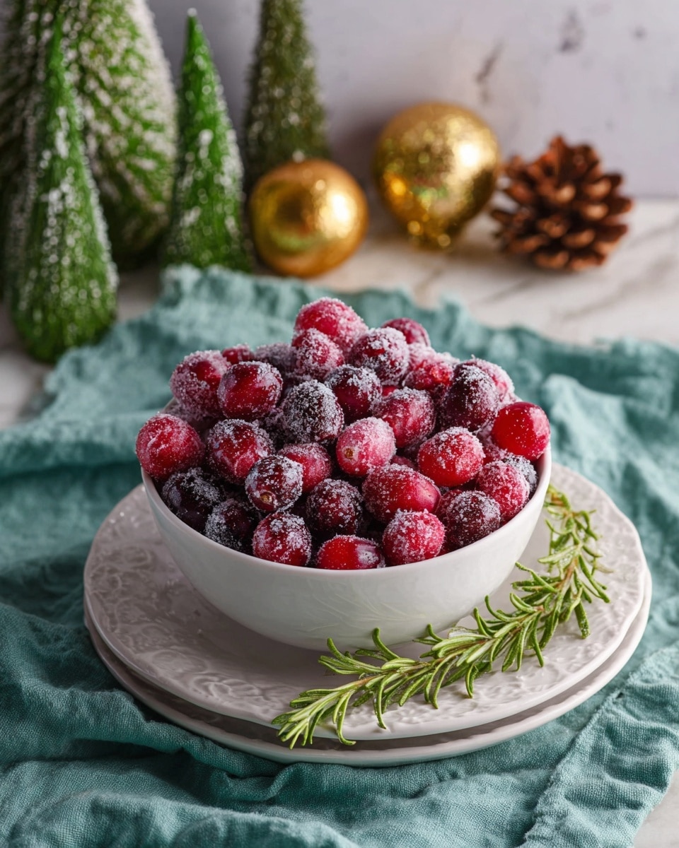A white bowl filled with bright red and deep purple cranberries covered in a layer of sparkling white sugar, giving them a frosted look. The bowl sits on a white plate with an embossed pattern, both placed on a soft teal cloth. Two green rosemary sprigs with a dusting of sugar rest on top and beside the bowl. The background features decorative elements including a green Christmas tree figure, golden pine cones, and a shiny golden ornament, all set on a white marbled textured surface. photo taken with an iphone --ar 4:5 --v 7