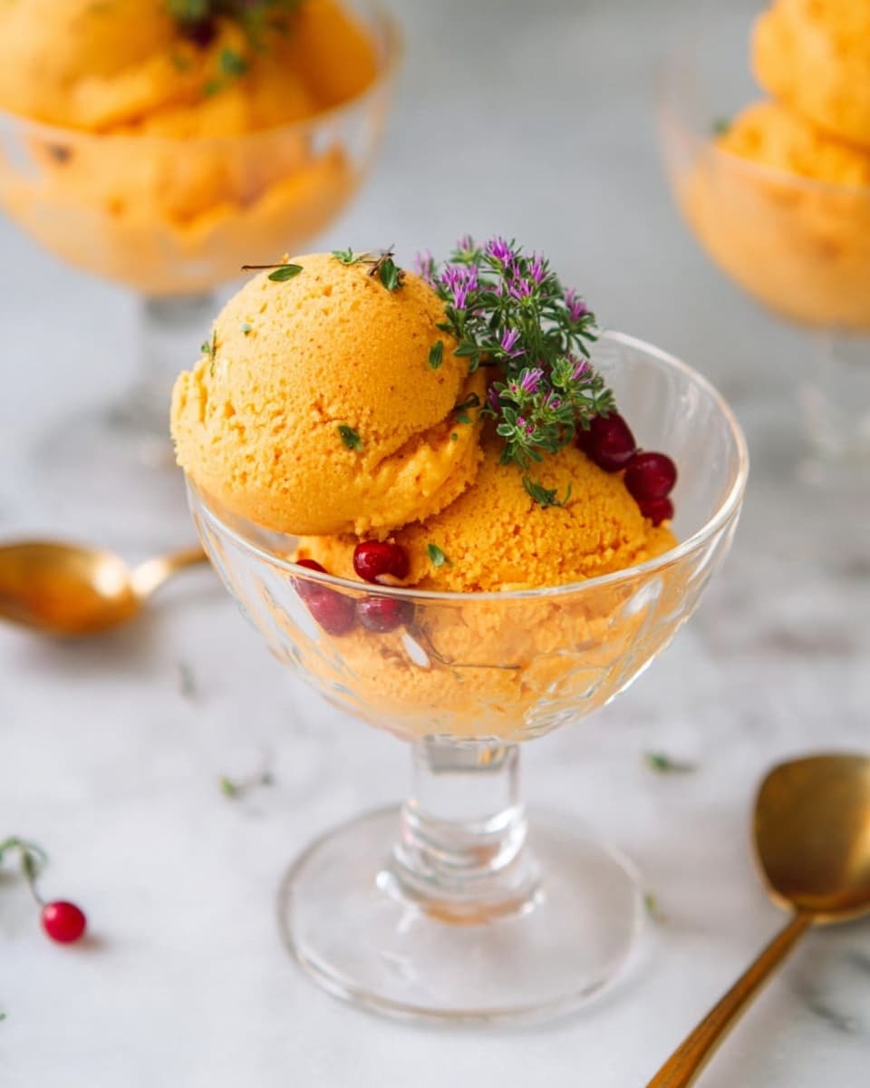 The image shows two bright orange scoops of a creamy dessert placed side by side in a clear tall glass bowl. The dessert has a slightly rough texture and is topped with small purple flowers and a small green herb cluster in the middle. Underneath the scoops, there are a few small red berries. The clear bowl sits on a white marbled surface that captures soft natural light, giving the dessert a fresh and inviting look. In the background, similar glass bowls hold the same dessert. photo taken with an iphone --ar 4:5 --v 7