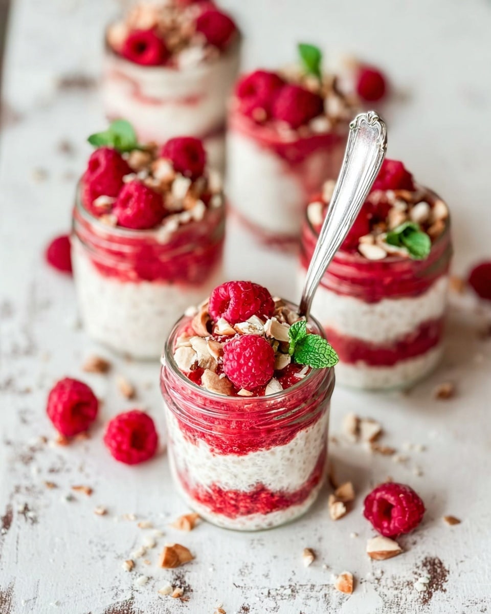 Four small clear glass jars are filled with a dessert made of three layers. The bottom layer is white and creamy with a slightly grainy texture, the middle layer is a bright red fruit mash, and the top layer repeats the white creamy layer. Each jar is topped with the red fruit mash, fresh red raspberries, chopped light brown nuts, and a small green mint leaf. One jar has a silver spoon inside, and the jars are placed on a white marbled surface scattered with whole raspberries and more chopped nuts. Photo taken with an iphone --ar 4:5 --v 7