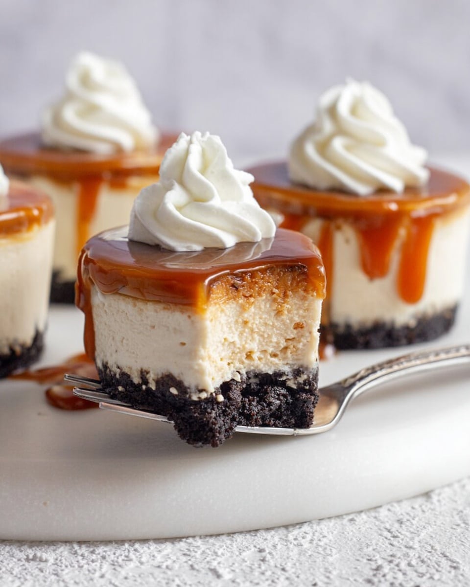 The image shows mini cheesecakes with three layers each, placed on a white, round cake stand over a white marbled textured surface. The bottom layer is dark and crumbly with a rough texture, the middle layer is thick, creamy, and pale beige, and the top layer is a shiny caramel sauce with a rich amber color. Each cheesecake is topped with a small swirl of white whipped cream. In the foreground, a silver fork holds a piece of cheesecake showing all three layers clearly. The background is simple and out of focus, highlighting the cheesecakes. photo taken with an iphone --ar 4:5 --v 7