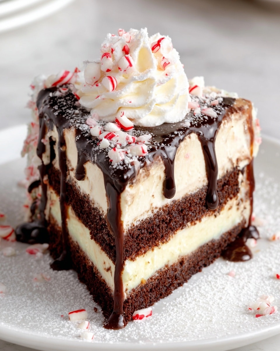 A slice of layered cake on a white plate with a white marbled background shows three main layers: the top and bottom are dark brown chocolate cake, and the middle layer is creamy white filling. On top of the cake, there is a layer of pale cream frosting with dark chocolate sauce dripping down the sides. A swirl of white whipped cream sits on the top center, decorated with red-and-white striped peppermint candy pieces and a dusting of white powdered sugar that also lightly covers the cake surface and plate. The chocolate sauce looks shiny and smooth, adding contrast against the soft cream and cake layers. Photo taken with an iphone --ar 4:5 --v 7