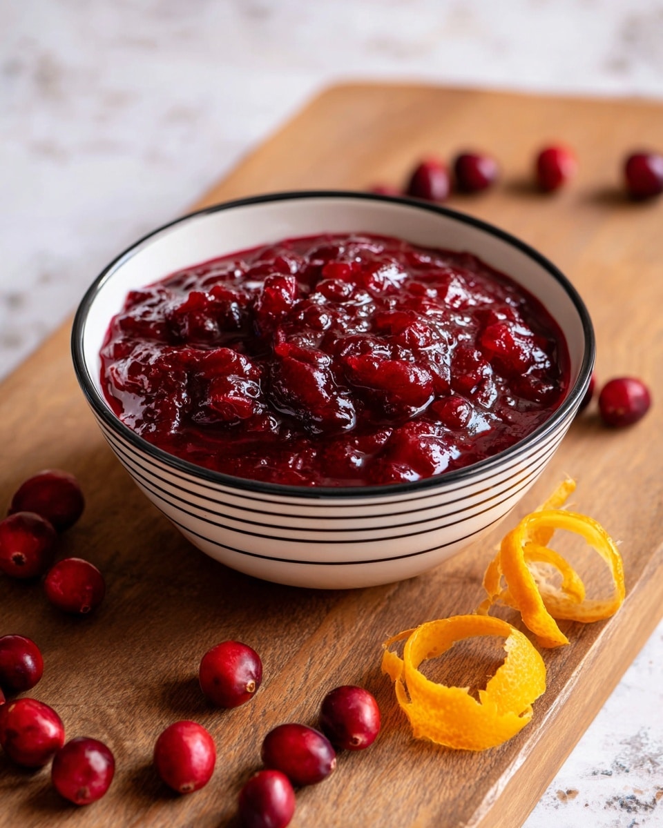 A white bowl with thin black stripes on the rim is filled with a thick, shiny dark red cranberry sauce, showing whole and crushed cranberries mixed together. The bowl sits on a wooden board with some fresh whole cranberries scattered around its base and a few orange peel twists adding a bright contrast near the front. The background is a white marbled texture photo taken with an iphone --ar 4:5 --v 7
