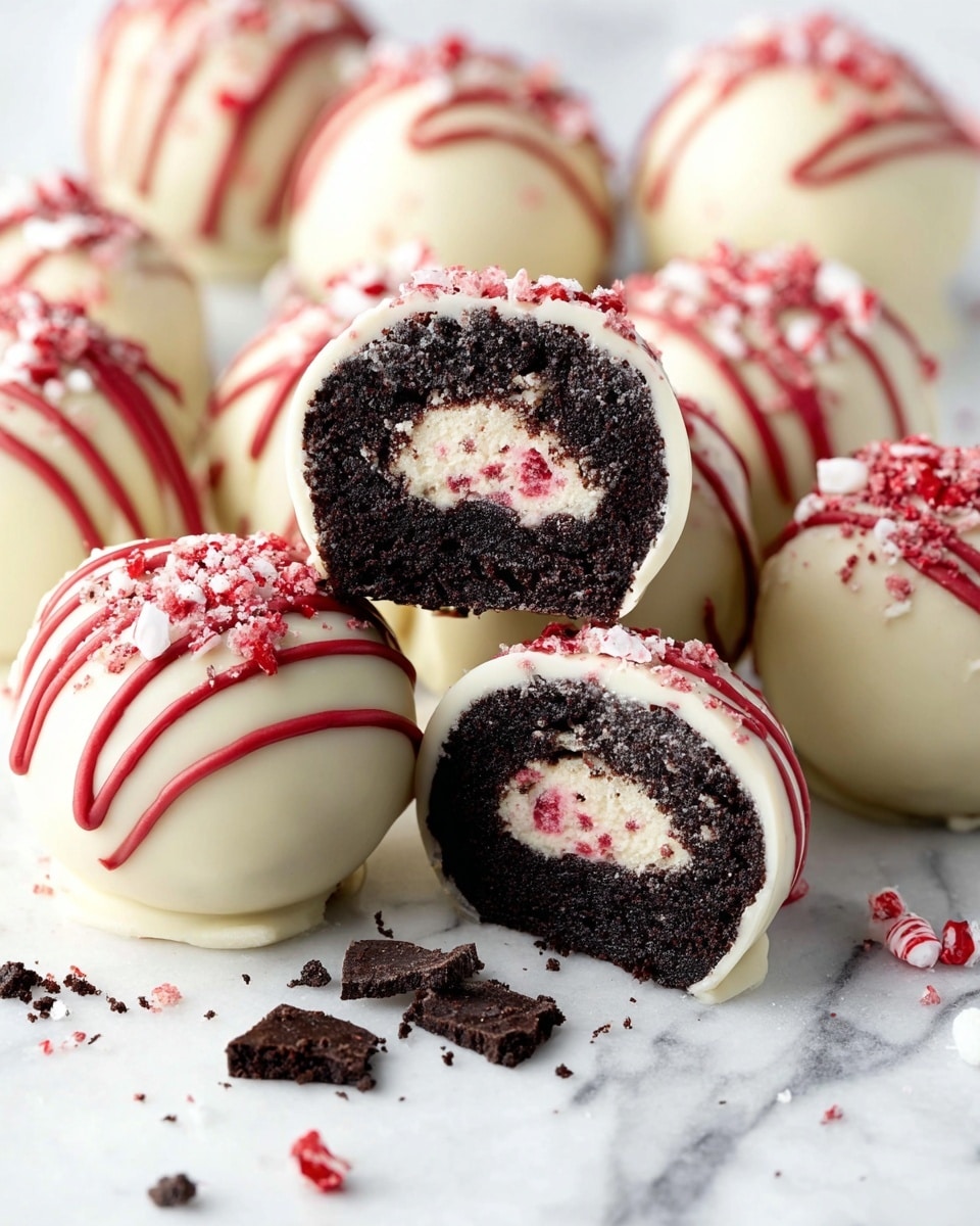 The image shows a group of round dessert balls placed on a white marbled surface, each with three layers: the outer layer is smooth and creamy white chocolate, drizzled with thin red lines and sprinkled with small red and white candy pieces. The middle layer is a thick, dark chocolate cake that appears soft and crumbly. The innermost layer has a creamy white filling speckled with red candy bits. Some balls are whole, while two are cut in half to reveal the layers inside. There are small dark cake crumbs and broken pieces of red and white candy lying around the balls. Photo taken with an iphone --ar 4:5 --v 7