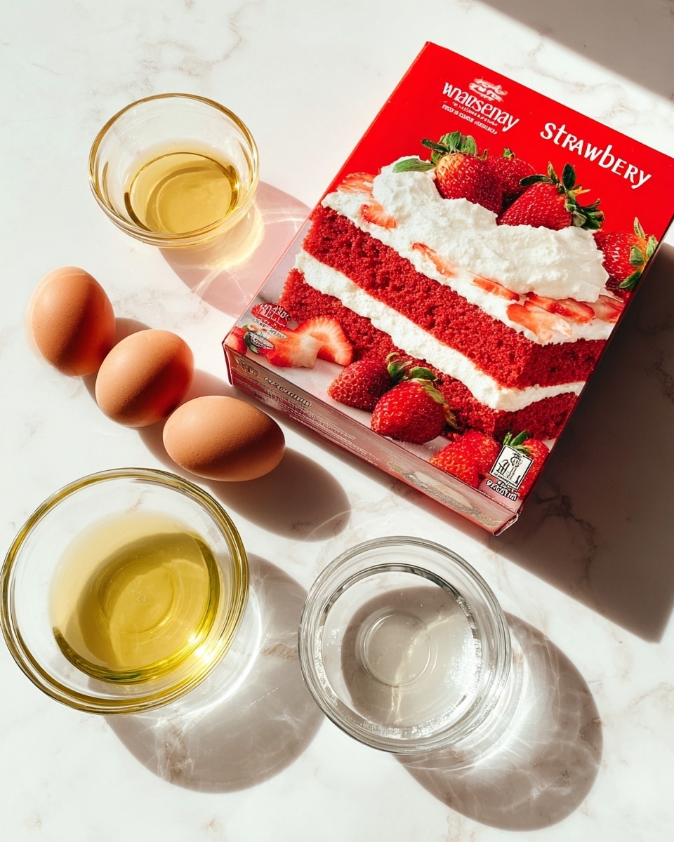 A red box of strawberry cake mix with a picture of a layered red cake topped with white cream and fresh strawberries sits on a white marbled surface. Around it, there are four clear glass bowls: one contains a small amount of light yellow oil, another has three brown eggs, a third holds a clear liquid, and the last is filled with a slightly larger amount of pale yellow oil. Soft shadows fall behind each item, and bright natural light shines from the top left corner. Photo taken with an iphone --ar 4:5 --v 7