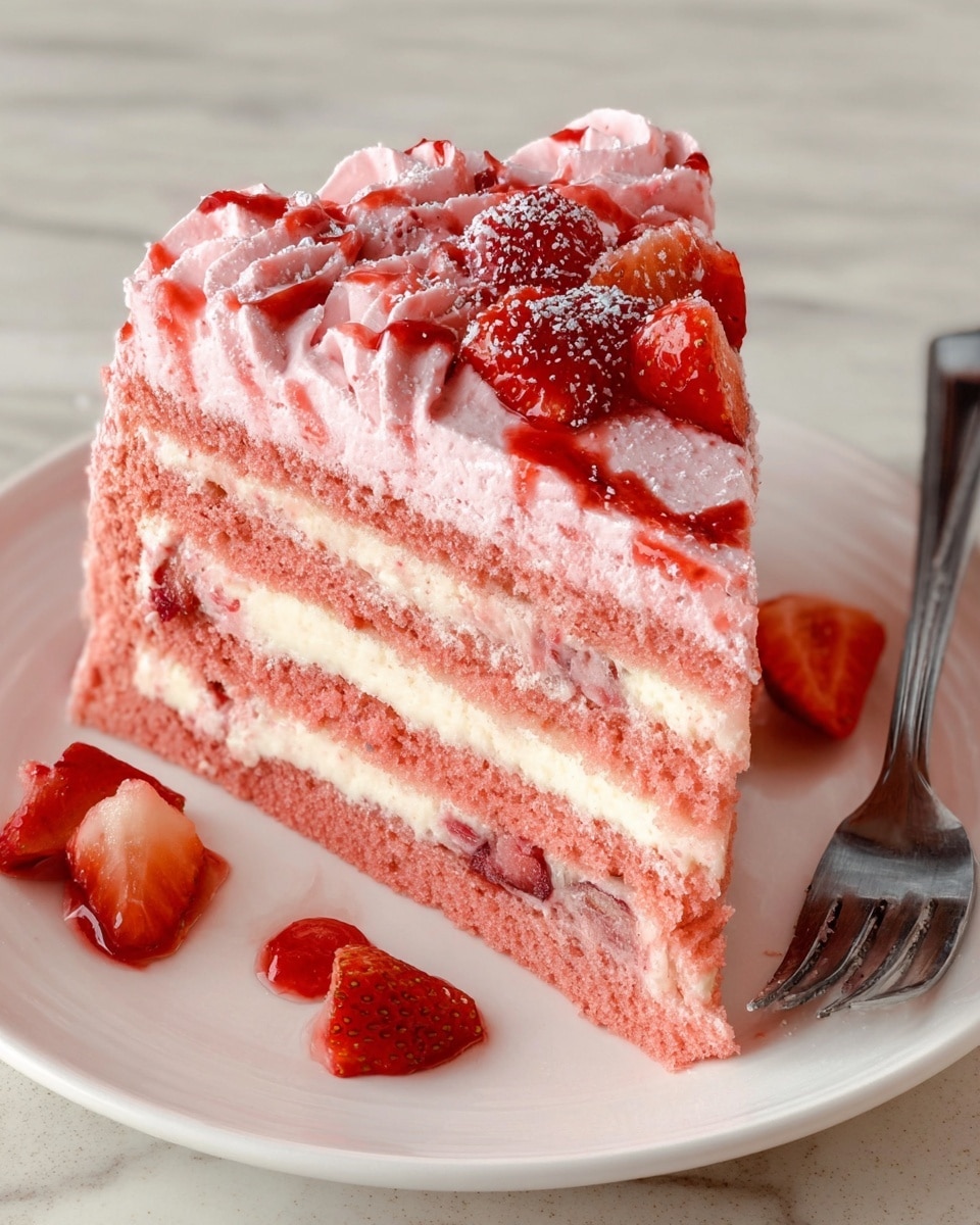 A slice of pink layered cake sits on a white plate over a white marbled surface. The cake has three thick pink sponge layers, each separated by white cream layers with bits of strawberry inside. The top layer is covered with a smooth pink frosting mixed with swirls of red strawberry sauce. On top, there are fresh red strawberry pieces sprinkled with white powdered sugar. A silver fork is partially stuck into the cake on the right side. Some strawberry sauce and small strawberry pieces are placed on the plate near the cake. Photo taken with an iphone --ar 4:5 --v 7