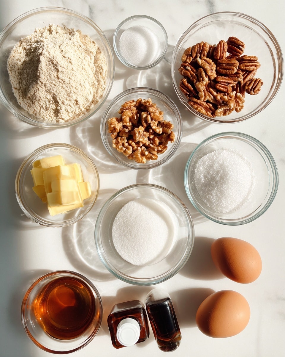 The image shows a neat arrangement of clear glass bowls and two brown eggs on a white marbled surface. At the top left is a large bowl filled with light tan flour. To its right is a medium bowl with brown walnut halves, and below that another medium bowl filled with mixed nuts including walnuts and pecans. Adjacent to the nuts, on the right side, is a small bowl holding white granulated sugar. Below the flour is a small bowl containing brown cinnamon powder. Next to it on the left side is another small bowl with a square of pale yellow butter. Below the nuts is a medium bowl of white powdered sugar. At the bottom left corner, there is a small bowl of dark golden syrup. Next to it is a dark brown small bottle with a white cap, and to the right of the bottle, a small bowl of creamy white yogurt. Two brown eggs rest on the right side of the layout. The lighting creates soft shadows giving a fresh, clean look. photo taken with an iphone --ar 4:5 --v 7