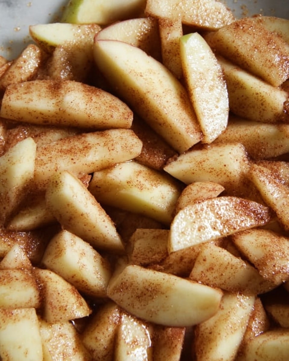 The image shows a close-up of many apple slices mixed with cinnamon and sugar. The apples are peeled and sliced into medium-sized pieces, appearing fresh and juicy with a light tan color. The cinnamon and sugar coating gives the apples a slight shine and a speckled brown texture. The fruit pieces are piled together in a shallow layer, showing the soft, moist surface of the apples. The setting has a white marbled texture as the surface beneath the apple slices. photo taken with an iphone --ar 4:5 --v 7
