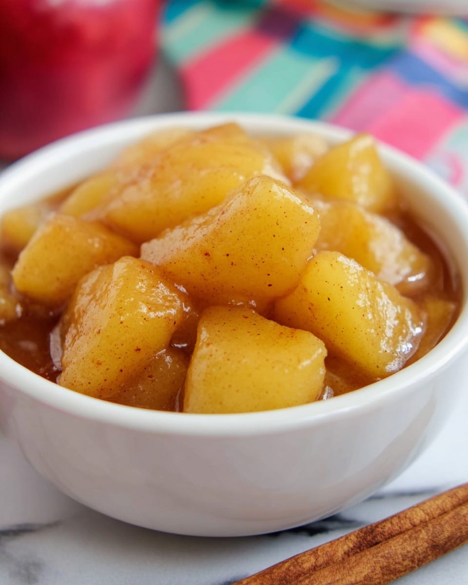 A close-up image of a white bowl filled with cooked apple pieces in a thick syrup. The apple chunks are golden-yellow with a soft texture and specks of cinnamon visible on the surface. The syrup is light brown and coats the apple pieces, creating a shiny, slightly sticky look. The bowl is placed on a white marbled surface with a cinnamon stick next to it. The background includes a blurry colorful pattern. Photo taken with an iphone --ar 4:5 --v 7