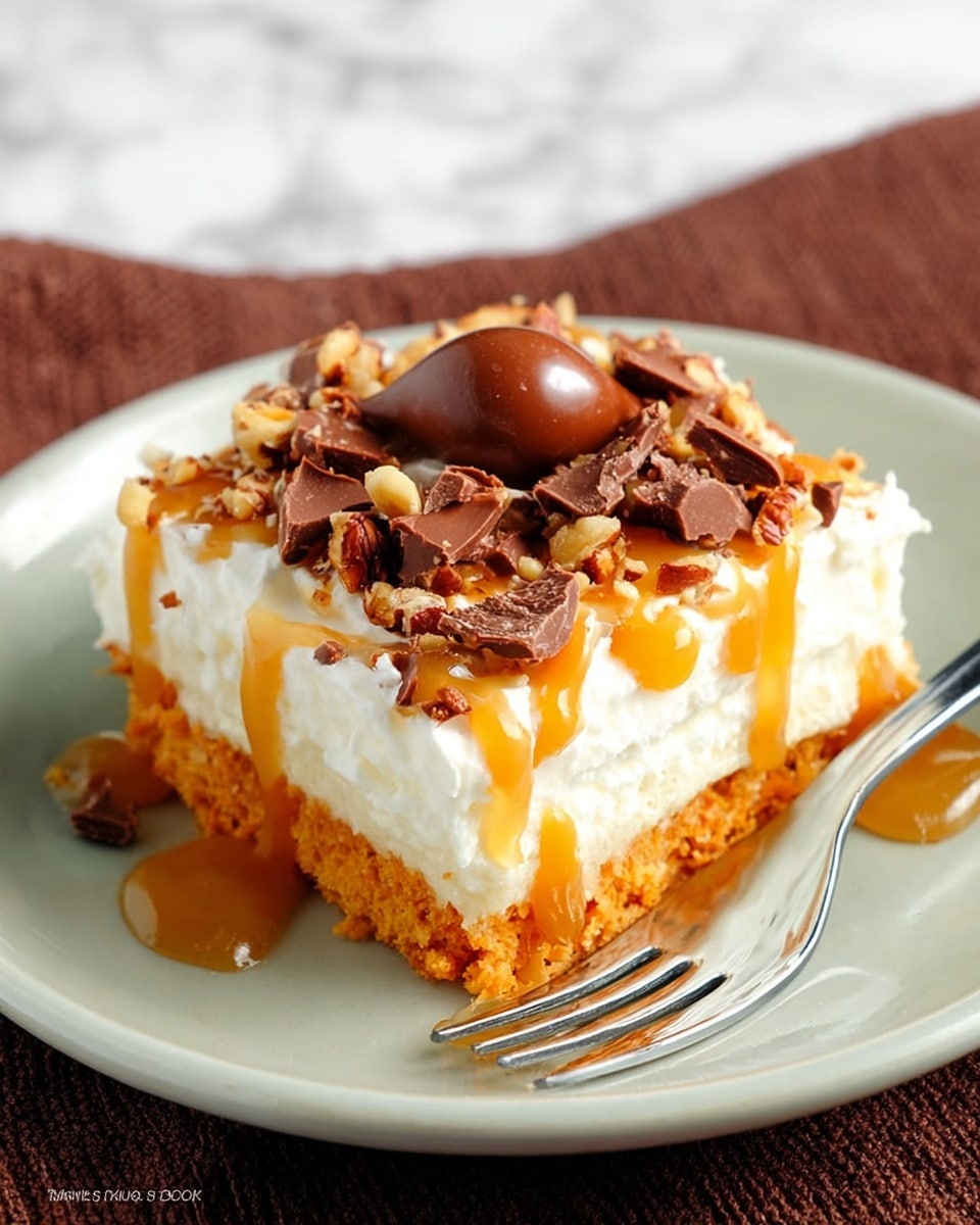 A square piece of dessert sits on a round white plate on a white marbled surface. The dessert has two main layers: a thick, soft orange cake layer at the bottom and a smooth, white cream layer on top. Over the cream layer, there is a drizzle of golden caramel sauce that shines in the light. Small pieces of chopped nuts and chocolate are sprinkled all over, adding texture and color. A single, shiny milk chocolate candy piece sits on top in the center. A fork is placed near the plate, showing a small part of its metal tines. Photo taken with an iphone --ar 4:5 --v 7