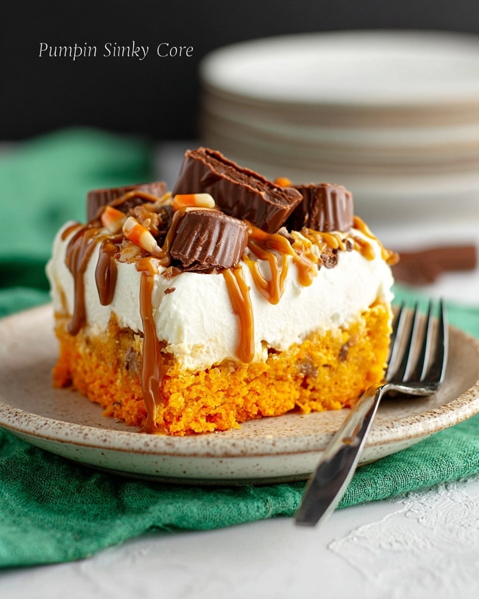 The image shows a single piece of pumpkin poke cake on a simple white plate with a rough texture. The cake has two thick layers: the bottom layer is bright orange with a soft, crumbly texture, and the top layer is a smooth, white cream. On top, there are small chunks of chocolate and caramel drizzle dripping down the sides. A large piece of chocolate candy with a shiny surface rests on the cream layer near the back edge of the cake. The setup is on a white marbled surface with a green cloth beneath the plate, and a woman's hand holding a fork is slightly visible on the right side. In the background, there are blurred white plates stacked together. photo taken with an iphone --ar 4:5 --v 7