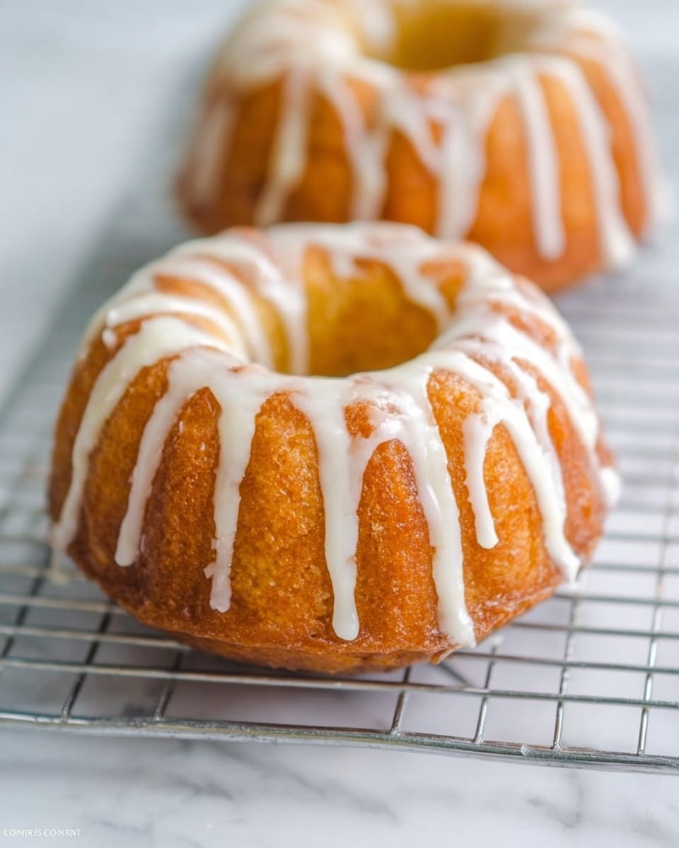 Two small golden brown bundt cakes sit on a silver cooling rack, placed on a white marbled surface. Each cake has a round shape with a hole in the middle and gentle ridges on the edges. A white icing glaze is drizzled loosely over the top of both cakes, creating long, uneven lines that run down the sides. The glaze appears thick and shiny, contrasting with the soft texture of the cakes beneath. The close-up angle shows the details of the icing and the warm, soft color of the cakes. photo taken with an iphone --ar 4:5 --v 7