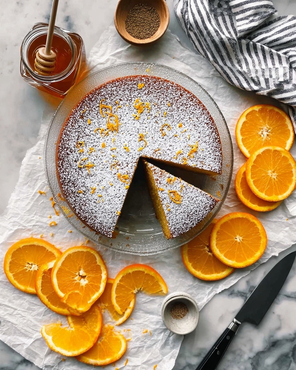 A round orange cake with one slice removed sits on a clear glass plate, revealing a warm, golden interior. The top of the cake is dusted with white powdered sugar and small orange zest pieces are scattered across it. Around the plate, there are multiple bright orange slices and hollowed-out orange halves placed on white parchment paper, which covers a white marbled surface. To the left of the cake, a jar of honey with a honey dipper rests near a small bowl of ground spice. A striped cloth napkin holds a silver cake server and a black-handled knife. Photo taken with an iphone --ar 4:5 --v 7