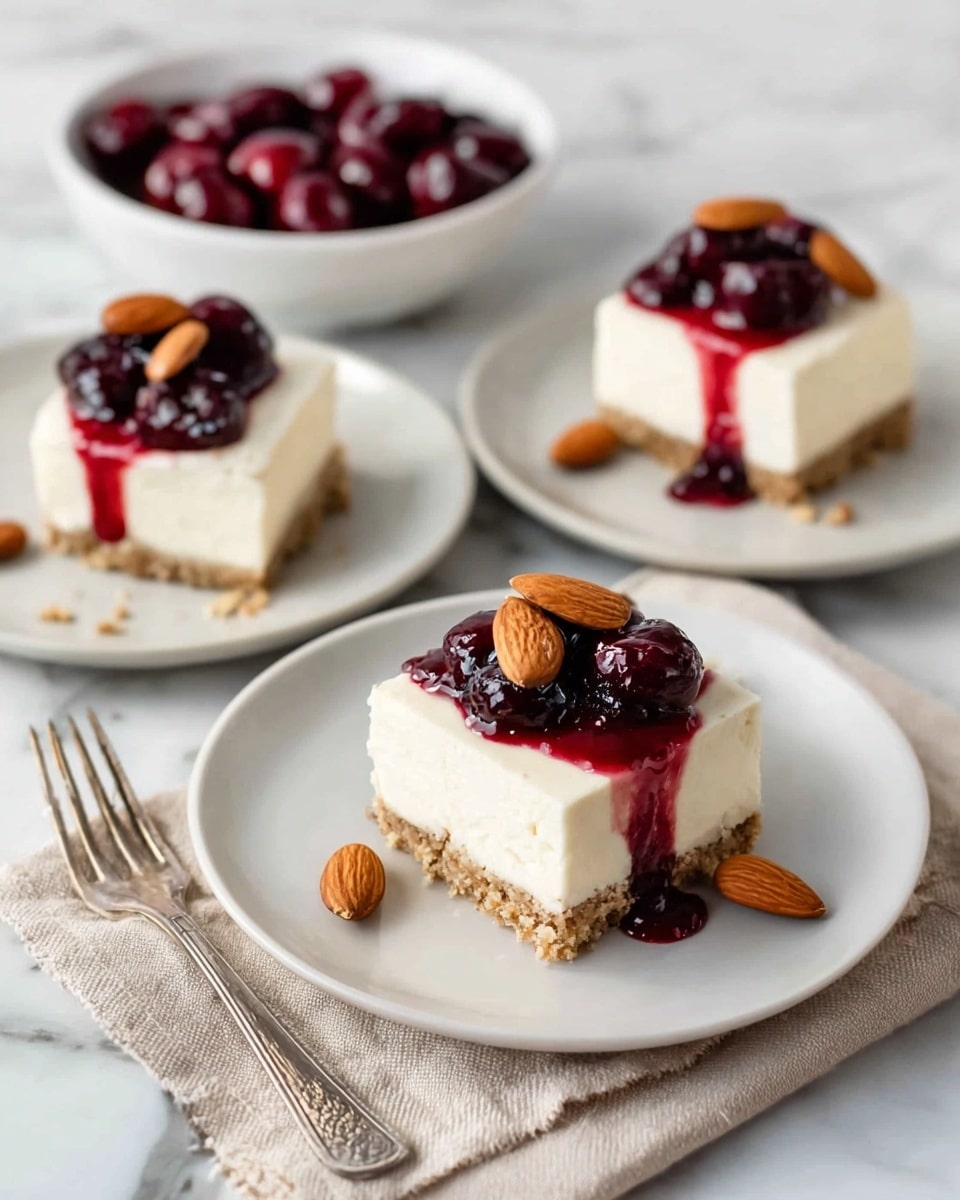 The image shows three square pieces of cheesecake on white plates, each with a two-layer structure: a light brown crumbly base and a thick, smooth white cream cheese topping. Two of the cheesecakes have a glossy, deep red cherry sauce with whole dark red cherries spilling slightly down the sides, creating runs of syrup. One cheesecake is plain with three almonds on top. In the background, there is a white bowl filled with more cherries in the rich red sauce. The plates and bowl are placed on a white marbled surface, with a silver fork resting in the bottom left corner and a soft beige cloth between the plates. Photo taken with an iphone --ar 4:5 --v 7