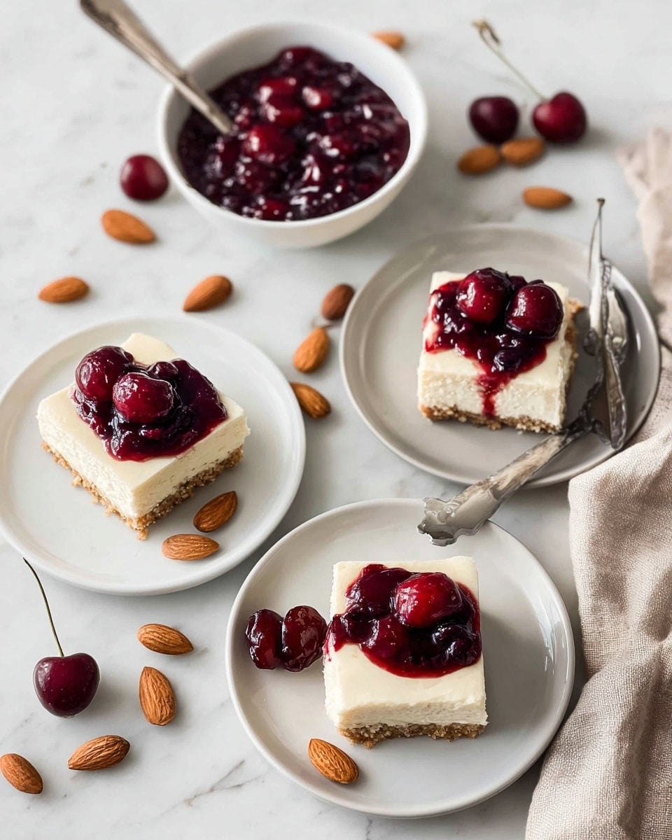 The image shows three square pieces of cheesecake, each with a creamy off-white top layer and a light brown crumbly bottom layer. Two of the cheesecake squares have a glossy, dark red cherry topping with whole cherries on top and a few extra cherries placed around them on white plates. The third cheesecake square is plain with three almonds on top. There is a white bowl filled with the same cherry topping, with a spoon inside it. A silver fork rests on the edge of one white plate. Whole almonds are scattered around on a white marbled surface, and a beige cloth is partially visible in the background. photo taken with an iphone --ar 4:5 --v 7