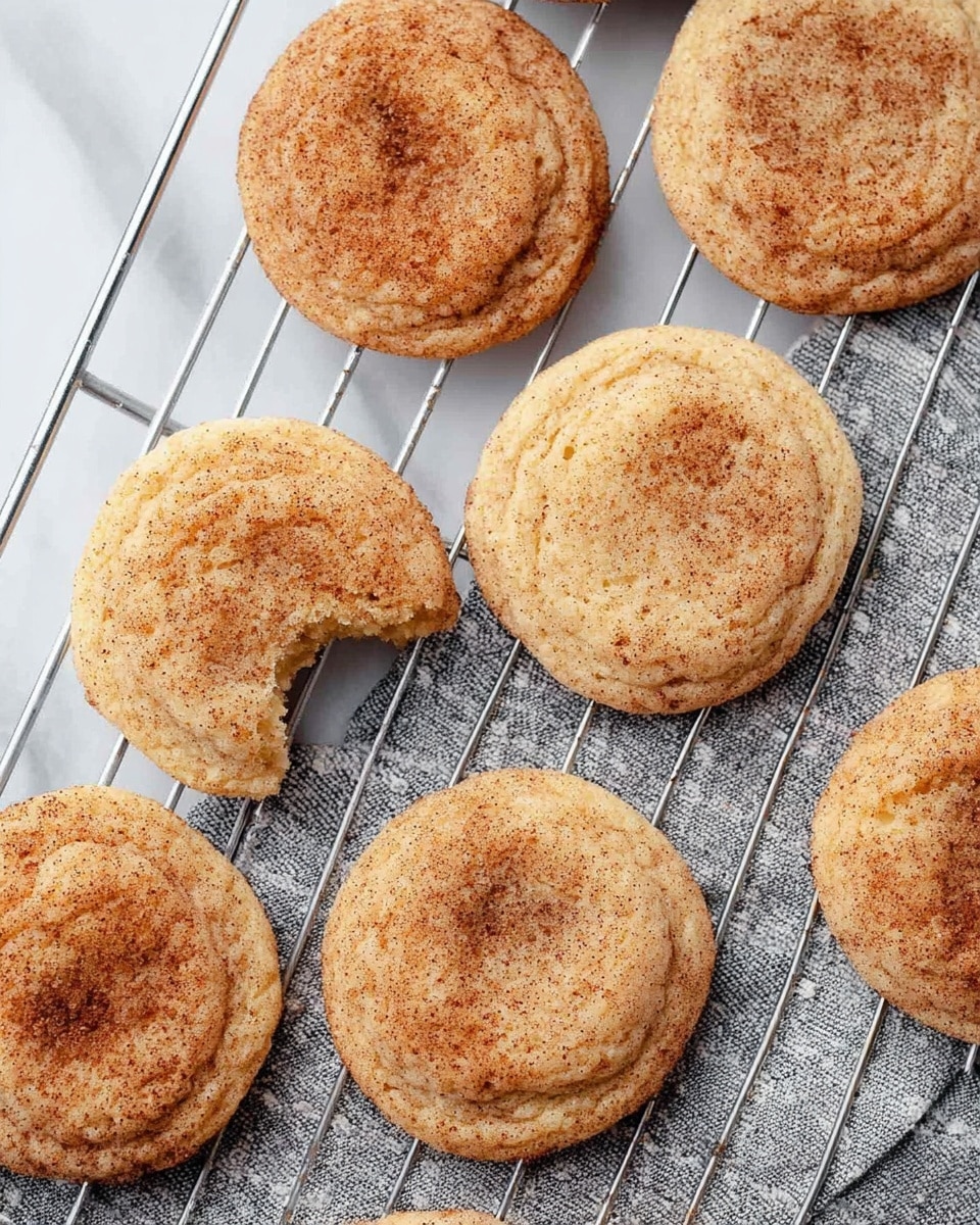 The image shows nine round cookies with a light brown color and specks of darker cinnamon powder on top. The cookies have a slightly cracked texture and a soft, chewy look. One cookie near the center has a bite taken out, showing a slightly moist inside. The cookies are arranged neatly on a silver cooling rack sitting on a white marbled surface with a gray and white checkered cloth underneath the rack. photo taken with an iphone --ar 4:5 --v 7