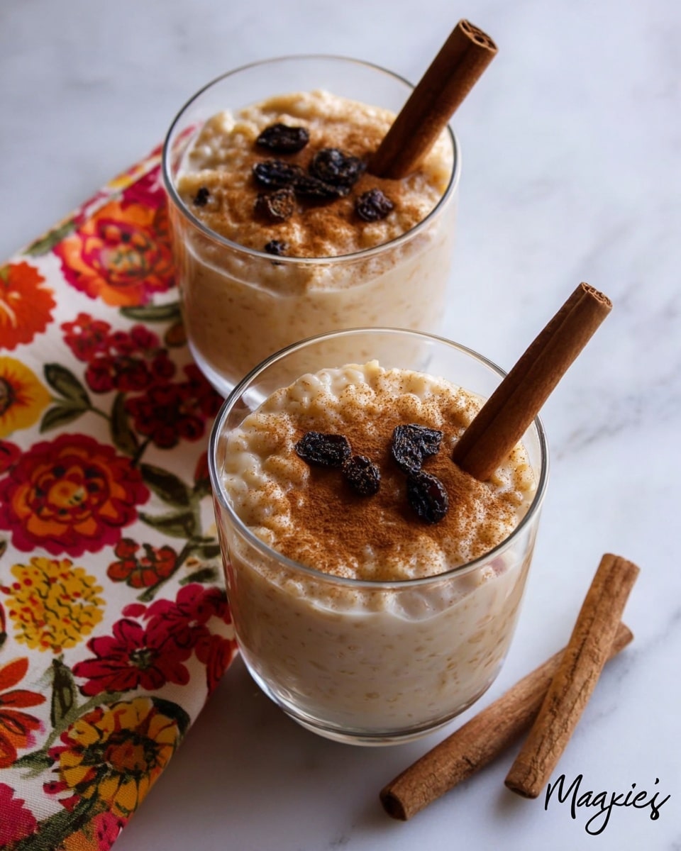 Two clear glasses are filled with a creamy light beige rice pudding. Each glass has one or two cinnamon sticks standing upright in the middle. The surface of the pudding is sprinkled with ground cinnamon and small dark raisins. The glasses rest on a white marbled surface, with a colorful cloth showing red, yellow, and green floral patterns placed beside them. Photo taken with an iphone --ar 4:5 --v 7