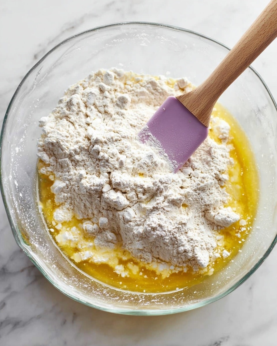 A clear glass bowl with uneven edges holds a mix of wet and dry ingredients; the bottom layer is a shiny golden yellow liquid, likely melted butter or oil, topped with large clumps of white flour scattered unevenly across the surface. A wooden-handled purple spatula with a flat edge rests inside the bowl, partially digging into the flour and liquid mix. The bowl sits on a white marbled surface, providing a clean and bright background. Photo taken with an iphone --ar 4:5 --v 7