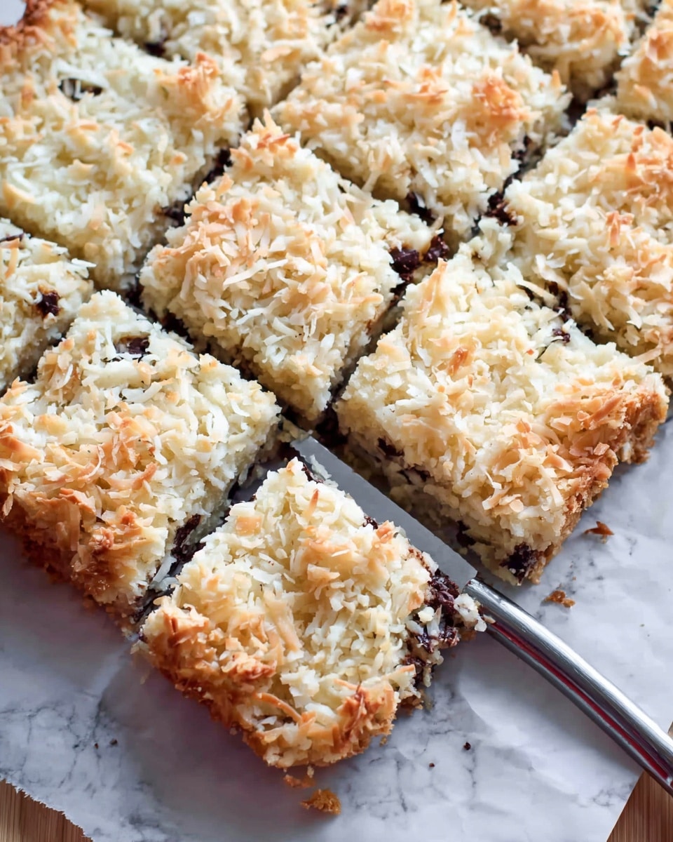 A close-up image shows a square coconut and chocolate bar cut into smaller square pieces. The top layer is a thick, golden-browned shredded coconut crust with a slightly rough texture, scattered evenly over the whole bar. Below it, dark chocolate chunks are visible in bits between the coconut, creating a contrast of light cream and dark brown colors. The bar has a slightly crumbly edge around the sides, and it is resting on white parchment paper over a white marbled surface. A thin metal cake slicer is gently cutting through one piece, creating clean lines between the squares. photo taken with an iphone --ar 4:5 --v 7