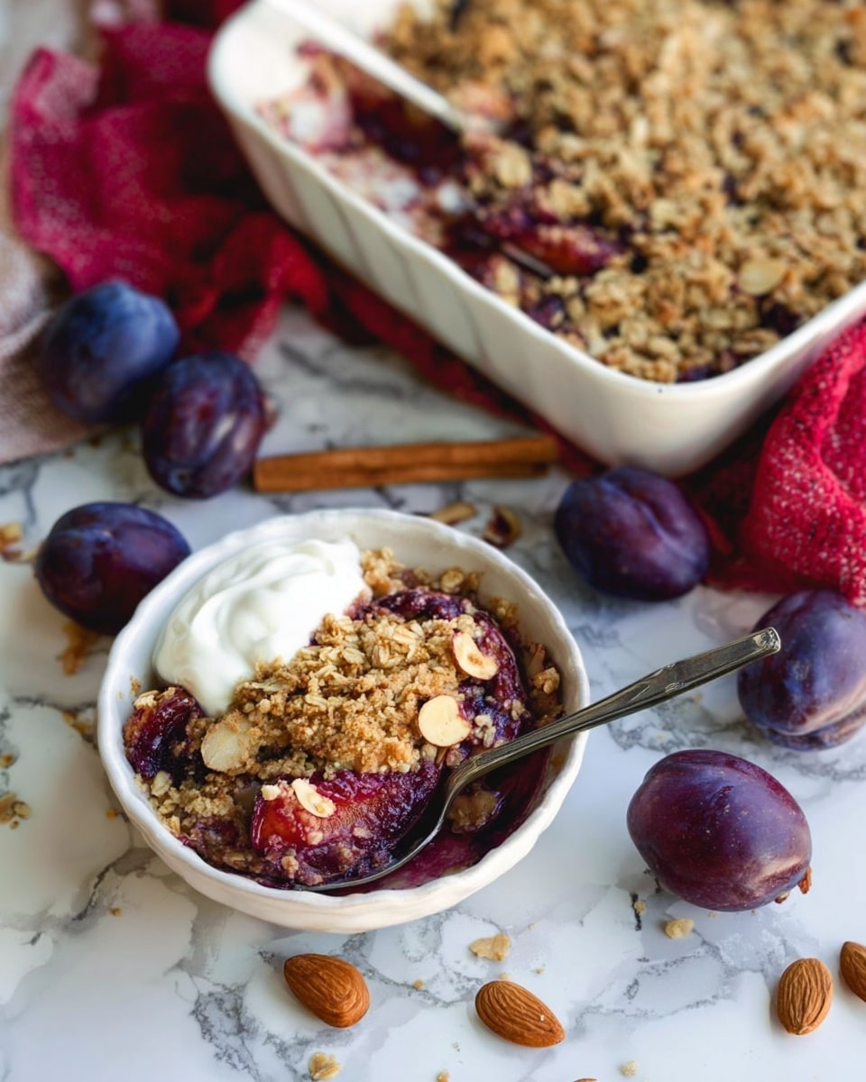 A small white bowl filled with a steamed plum crumble showing three layers: a bottom layer of soft cooked plum pieces in deep purple, a middle layer of thick syrupy juice with a reddish tint, and a top golden brown oat crisp with a crumbly texture. Next to the bowl is a silver spoon resting inside, with a dollop of white creamy yogurt or cream on one side of the crumble. In the background, a white baking dish holds a larger portion of the same plum crumble with a thick oat topping, slightly uneven and golden. Around the bowl and dish, whole purple plums, scattered brown almonds, a cinnamon stick, and a white marbled surface create a cozy scene with a red and white cloth partially visible to the right. The light is natural and soft, highlighting the textures of the crumble and fruit. Photo taken with an iphone --ar 4:5 --v 7