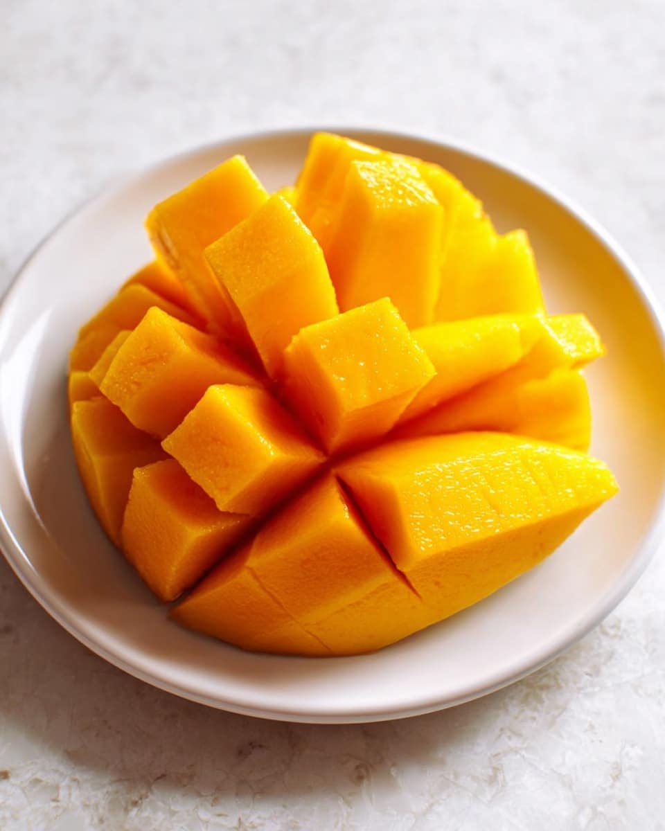 A close-up of a mango sliced into a grid pattern with large, bright yellow-orange cubes fanning out from the center, sitting on a simple white plate. The mango has a smooth, glossy texture with juicy highlights reflecting light, showing rich ripeness. The plate is placed on a white marbled surface that adds subtle texture in the background. The mango cubes are neatly arranged in two layers, the inner smaller cubes stacked above the larger outer ones, creating a three-dimensional effect. photo taken with an iphone --ar 4:5 --v 7