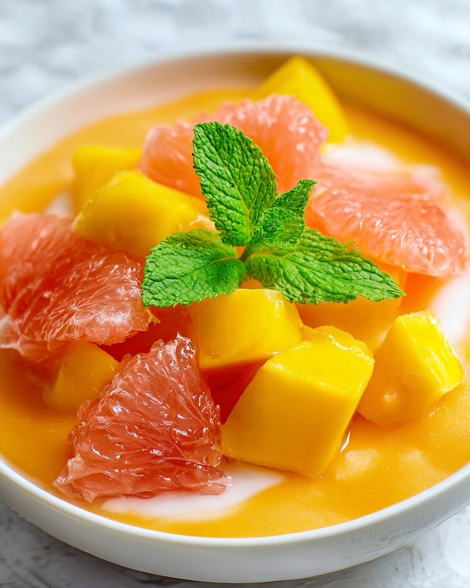 A white bowl filled with a smooth orange mango puree at the bottom, topped with bright yellow mango chunks and translucent pink grapefruit segments scattered on top. A small sprig of fresh green mint leaves is placed at the edge of the bowl, adding a pop of color. The background shows a soft white marbled texture. The dish looks fresh and vibrant, with juicy and glossy fruit pieces contrasting with the creamy puree photo taken with an iphone --ar 4:5 --v 7