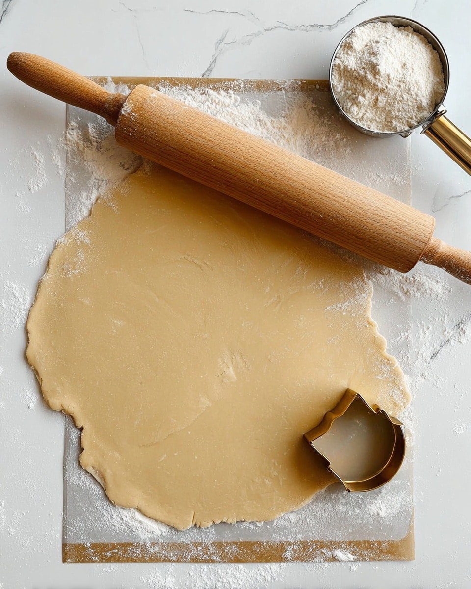 A large, uneven round dough is rolled out on a white marbled surface with flour scattered around the edges. On top of the dough, there is a wooden rolling pin with handles resting horizontally near the top. A small round cutter is placed on the bottom right edge of the dough. To the left of the dough, there is a white baking sheet lined with brown parchment paper. At the top right corner, there is a measuring scoop filled with flour. The scene looks clean and well-prepared for baking. photo taken with an iphone --ar 4:5 --v 7