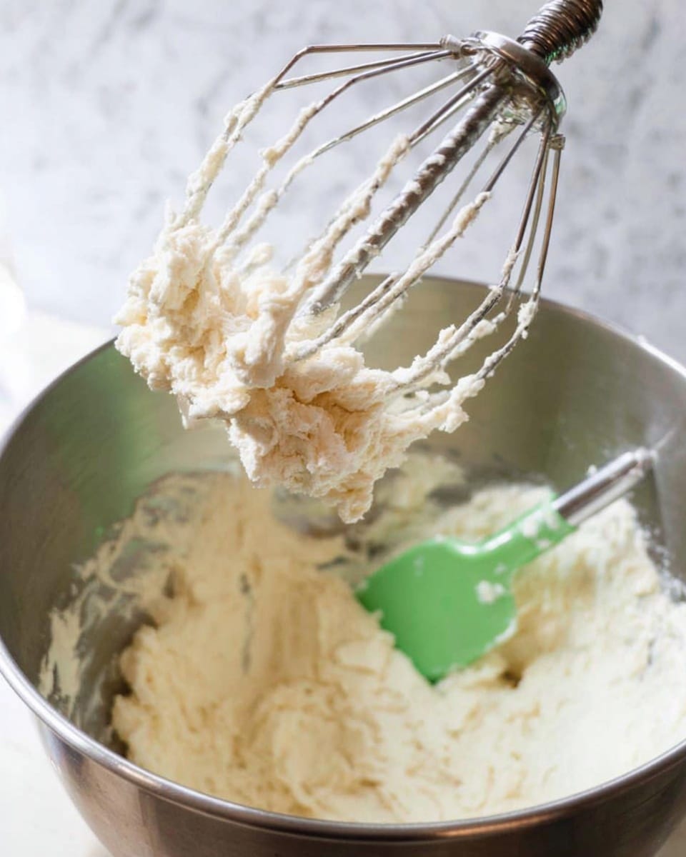 The image shows a close-up of a large metal mixing bowl filled with a creamy off-white butter and sugar mixture. Above the bowl, a metal whisk with thin wires holds a fluffy, soft, light beige mixture clinging to it. Inside the bowl, partially buried in the mixture, is a green silicone spatula with a shiny surface. The background is soft with a white marbled texture. photo taken with an iphone --ar 4:5 --v 7