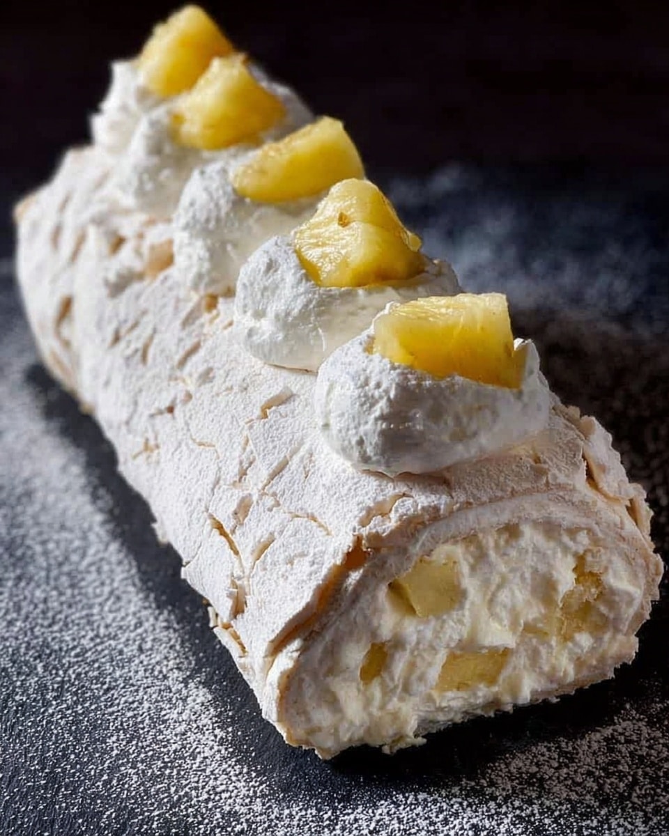 A rolled dessert made of a light, cracked white meringue layer forms the outer shell with a rough texture. Inside, there is a layer of creamy white filling that peeks out slightly on the ends. On top of the roll, dollops of fluffy white cream are placed at regular intervals, each topped with a small piece of yellow pineapple. The roll is placed on a dark surface dusted with powdered sugar. photo taken with an iphone --ar 4:5 --v 7