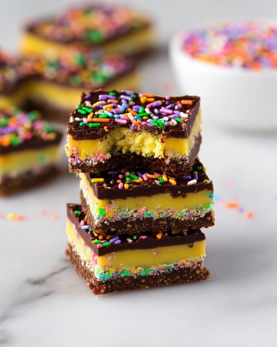 The image shows a stack of three colorful dessert bars on a white marbled surface. Each bar has three layers: a bottom dark brown crunchy layer, a middle thick yellow layer with bright multicolored sprinkles inside, and a top dark chocolate layer smooth and shiny, sprinkled with colorful long sprinkles. The top bar has a small bite taken out of one corner, revealing the layers inside. In the blurred background, more bars and a white bowl filled with more colorful sprinkles are visible. photo taken with an iphone --ar 4:5 --v 7