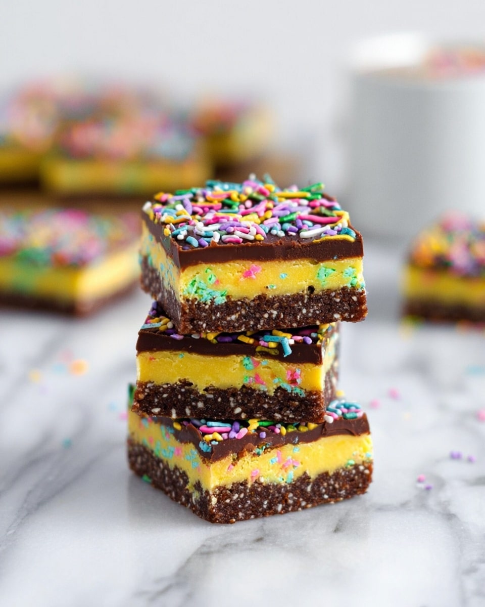 The image shows a stack of three square dessert bars on a white marbled surface. Each bar has three layers: the bottom layer is a dark brown, crumbly base with a rough texture; the middle layer is thick, bright yellow with colorful sprinkles mixed inside; the top layer is a smooth, glossy dark chocolate coating sprinkled with more colorful, thin sprinkles in various colors like pink, blue, yellow, and green. In the background, there are blurred pieces of the same dessert and a white cup, creating a soft and clean setting. photo taken with an iphone --ar 4:5 --v 7